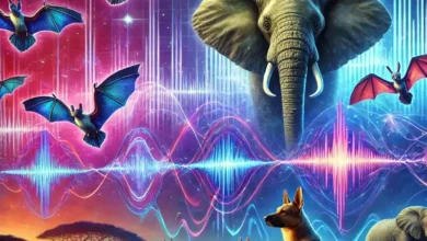 Animaux et paysages fantastiques avec ondes sonores colorées.