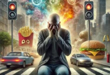 Homme stressé entouré de junk food et trafic.