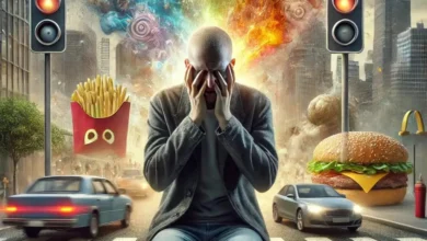 Homme stressé entouré de junk food et trafic.