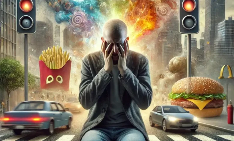 Homme stressé entouré de junk food et trafic.