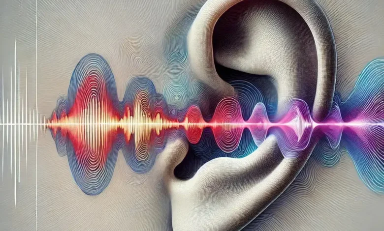 Illustration d'une oreille avec des ondes sonores colorées.