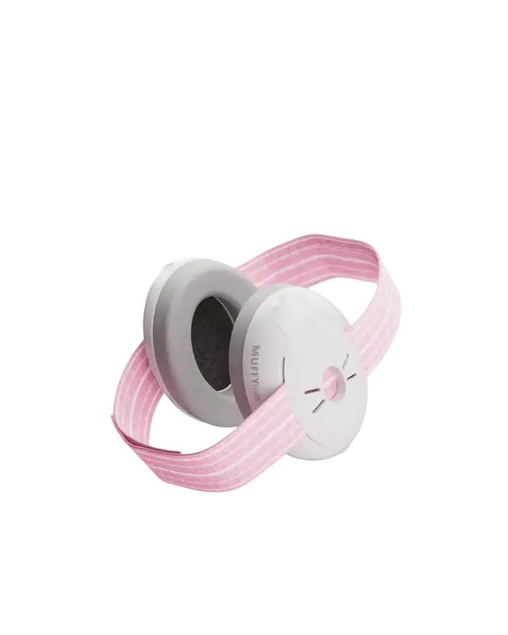 Casque antibruit gris et rose avec bandeau.