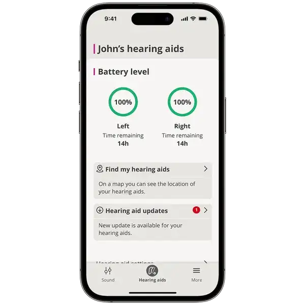 Écran d'application d'aides auditives, niveaux de batterie.