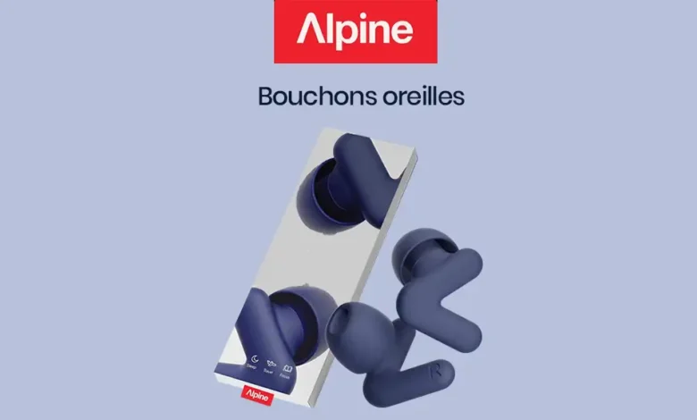 Bouchons d'oreilles Alpine bleus, boîte et produits.