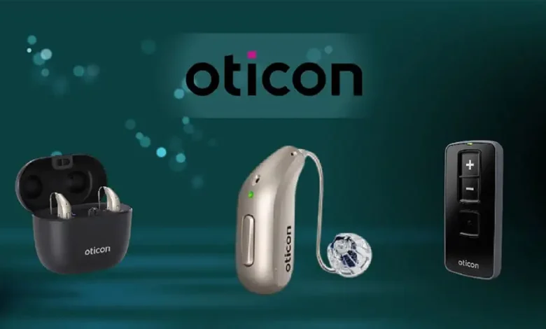 Appareils auditifs Oticon modernes et accessoires.