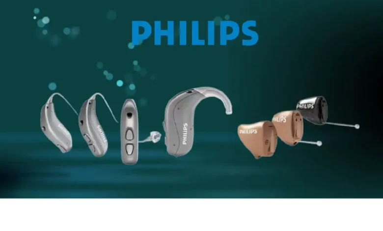 Appareils auditifs Philips sur fond bleu