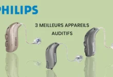 Appareils auditifs Philips sur fond vert clair.