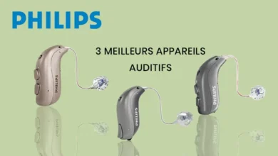 Appareils auditifs Philips sur fond vert clair.