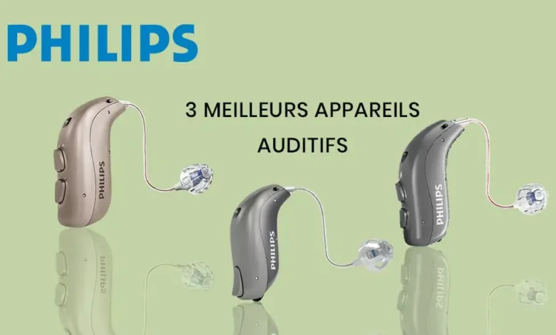 Appareils auditifs Philips sur fond vert clair.