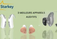 Trois appareils auditifs Starkey sur fond vert.