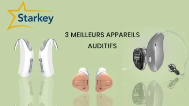 Trois appareils auditifs Starkey sur fond vert.