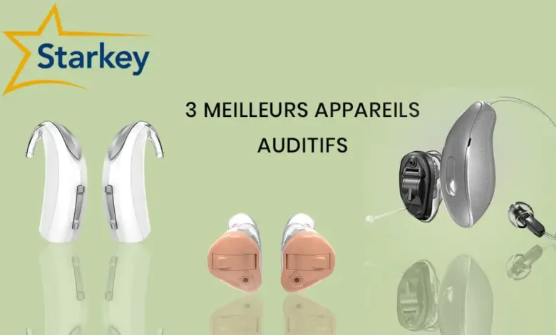 Trois appareils auditifs Starkey sur fond vert.