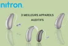 Trois appareils auditifs Unitron sur fond vert.